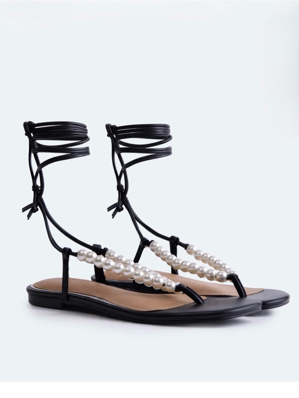 Free Assembly Black Pearl Beaded Wrap Sandals Size 8.5 NWT Memory Foam